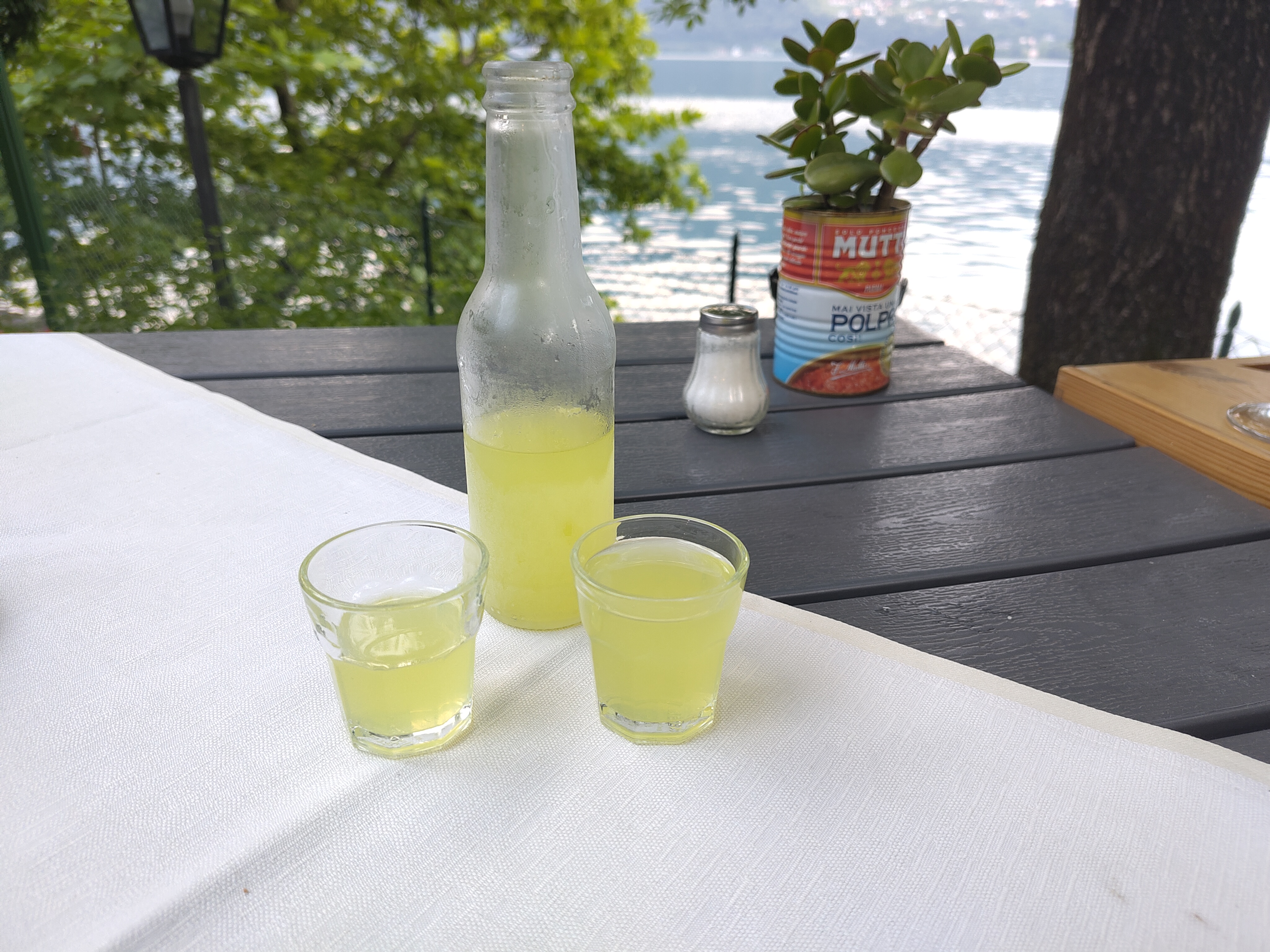 Een flesje limoncello met twee gevulde glaasjes op een wit tafelkleed, op een terras met uitzicht over het meer